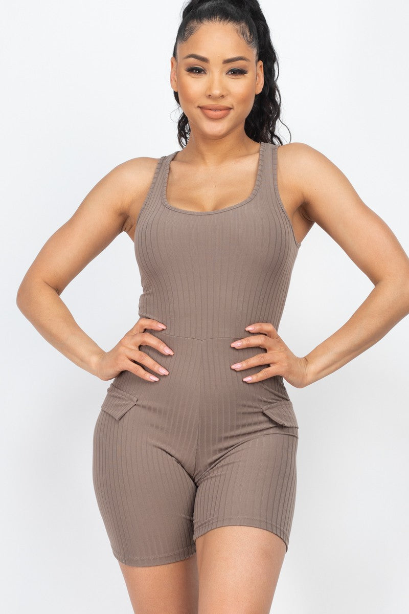 Ribbed Fake Pocket Romper