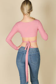 Cross Wrap Tie Front Rib Knit Crop Top