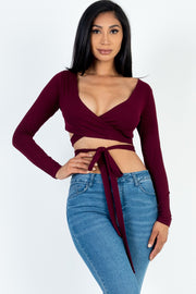 Cross Wrap Tie Front Rib Knit Crop Top