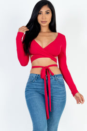 Cross Wrap Tie Front Rib Knit Crop Top