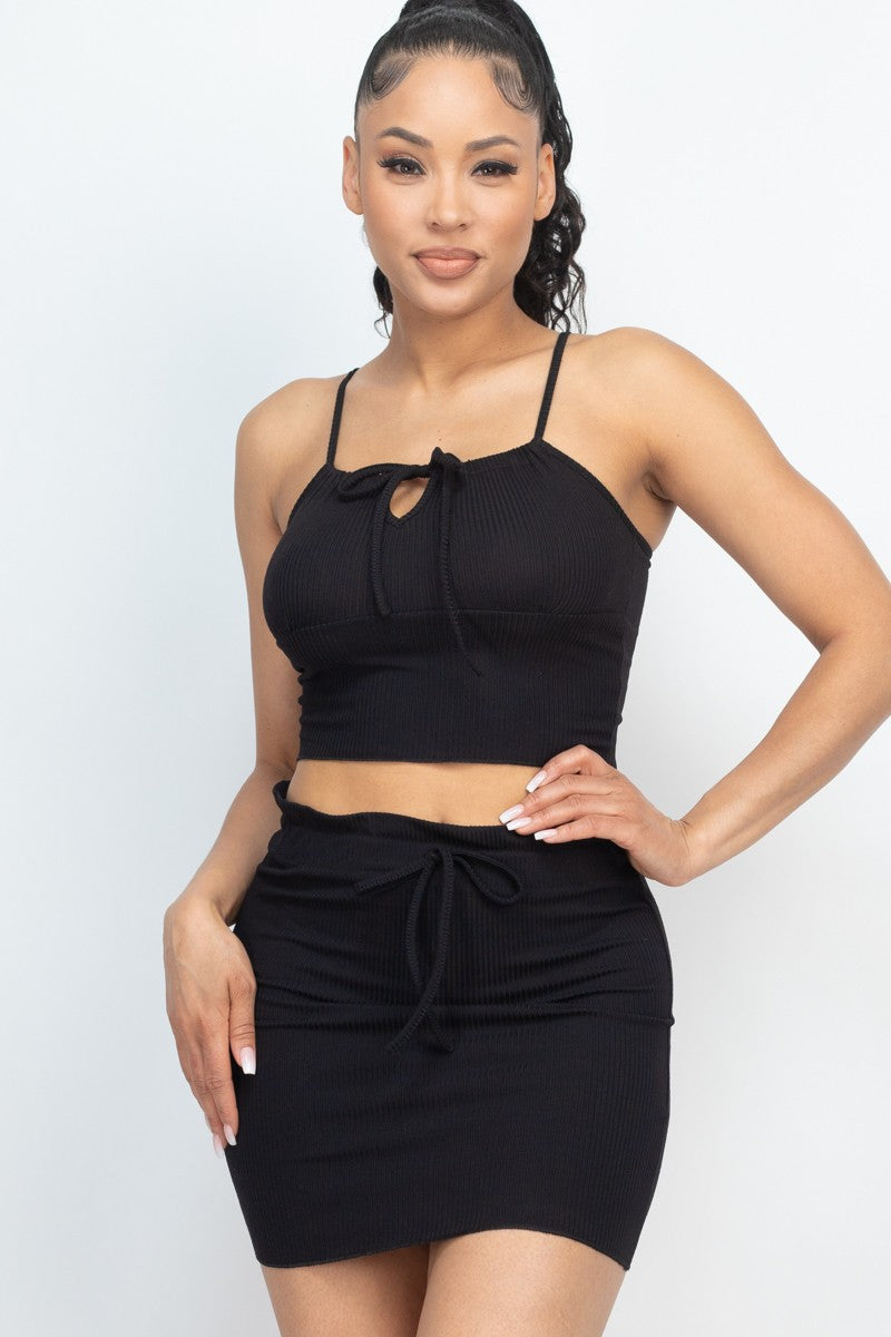 Ribbed Adjustable Front Crop Top & Mini Skirt Set