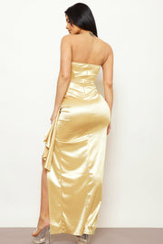 SATIN TUBE TOP PLEATED FOLD MAXI DRESS