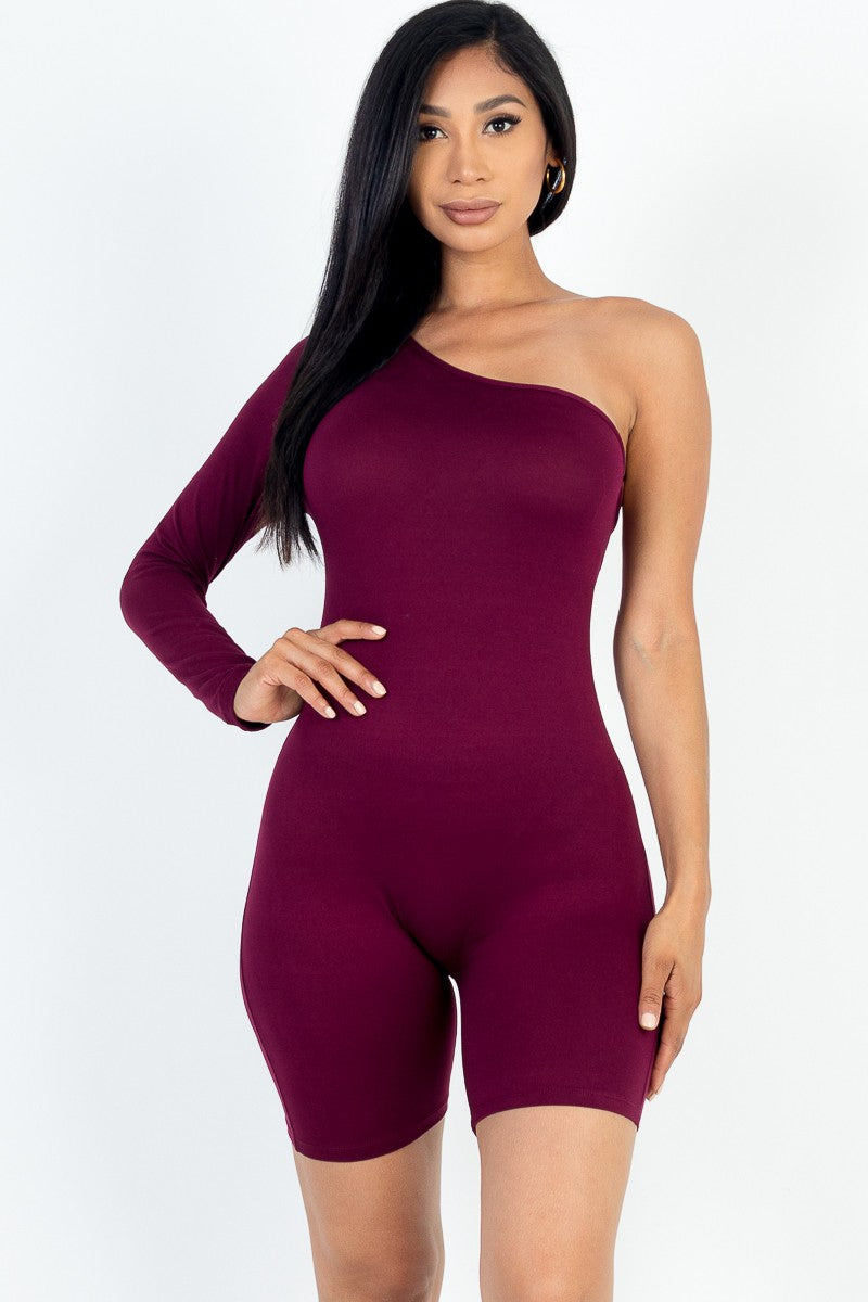 One Shoulder Solid Color Long Sleeve Romper