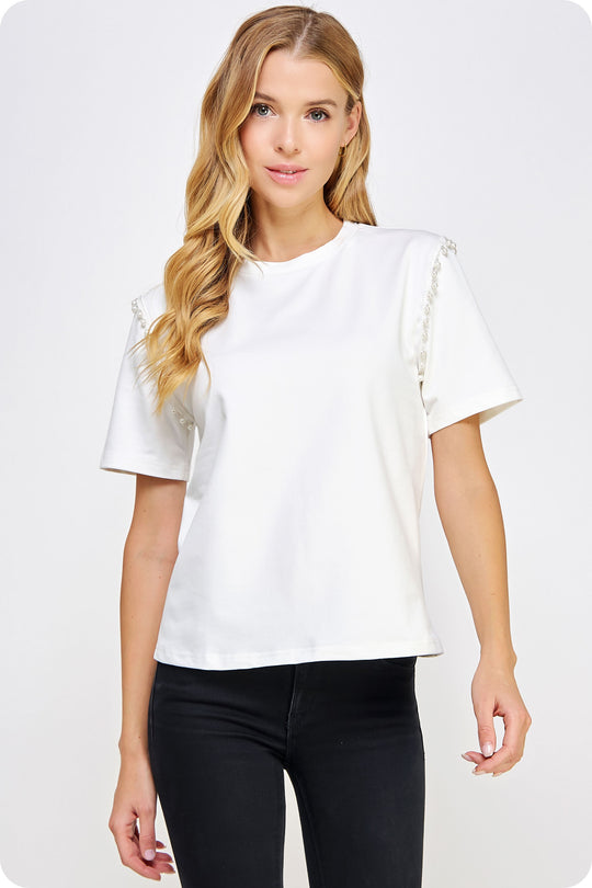 Pearl And Lace Embellished Short Sleeve Tee Top