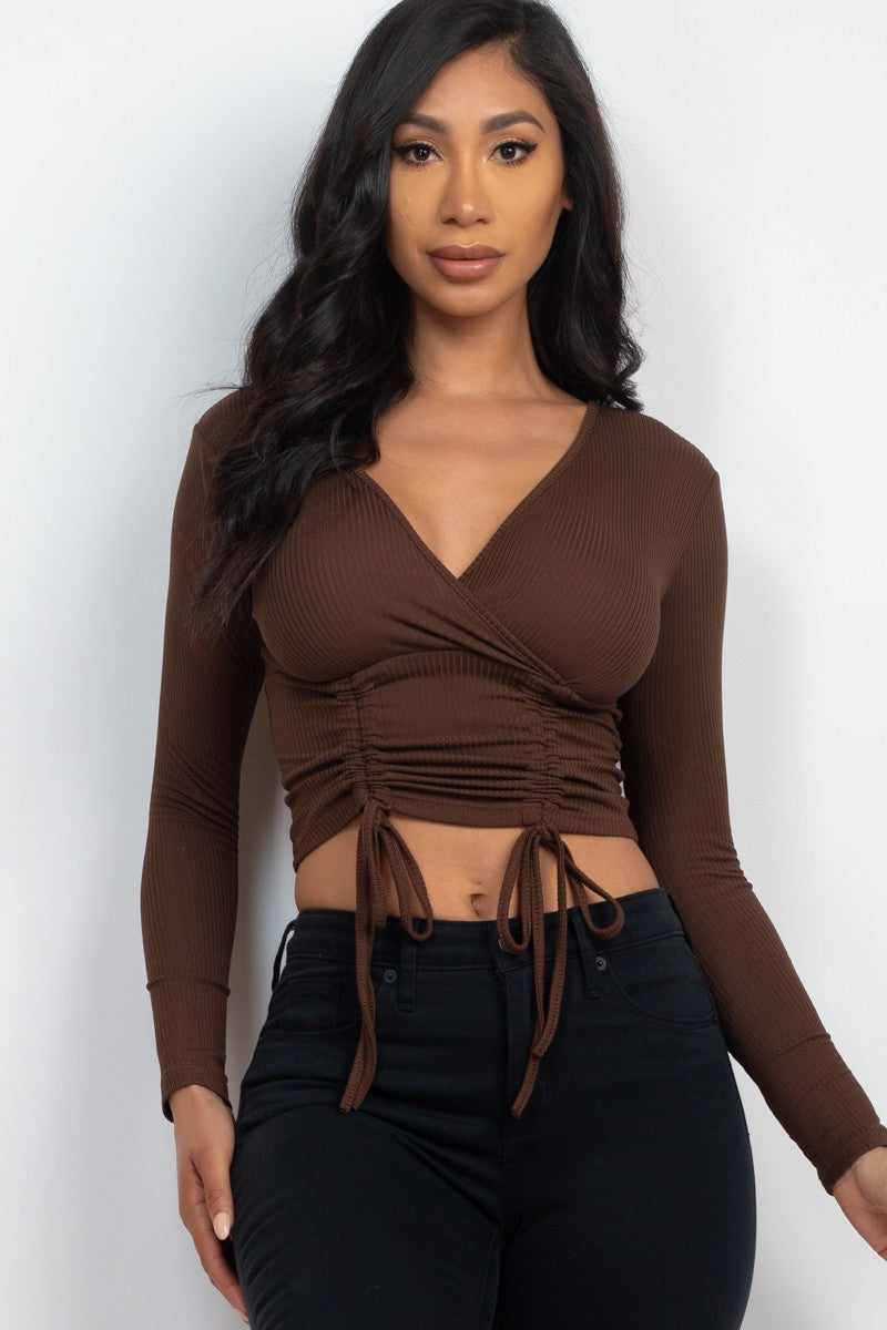 Solid Ribbed Drawstring Long Sleeve Crop Top For Women