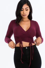 Solid Ribbed Drawstring Long Sleeve Crop Top For Women