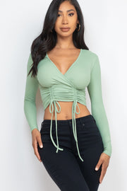 Solid Ribbed Drawstring Long Sleeve Crop Top For Women