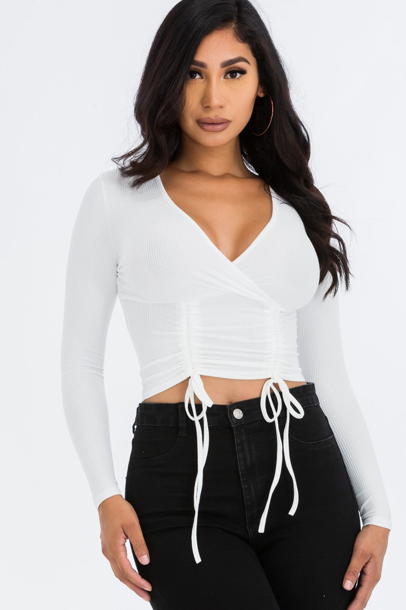 Solid Ribbed Drawstring Long Sleeve Crop Top For Women