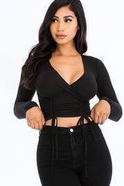 Solid Ribbed Drawstring Long Sleeve Crop Top For Women