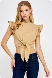 Front Tied Sleeveless Ruffle Detail Tee Top