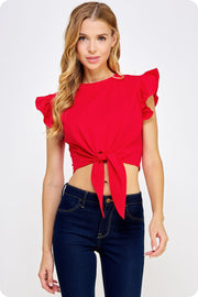 Front Tied Sleeveless Ruffle Detail Tee Top