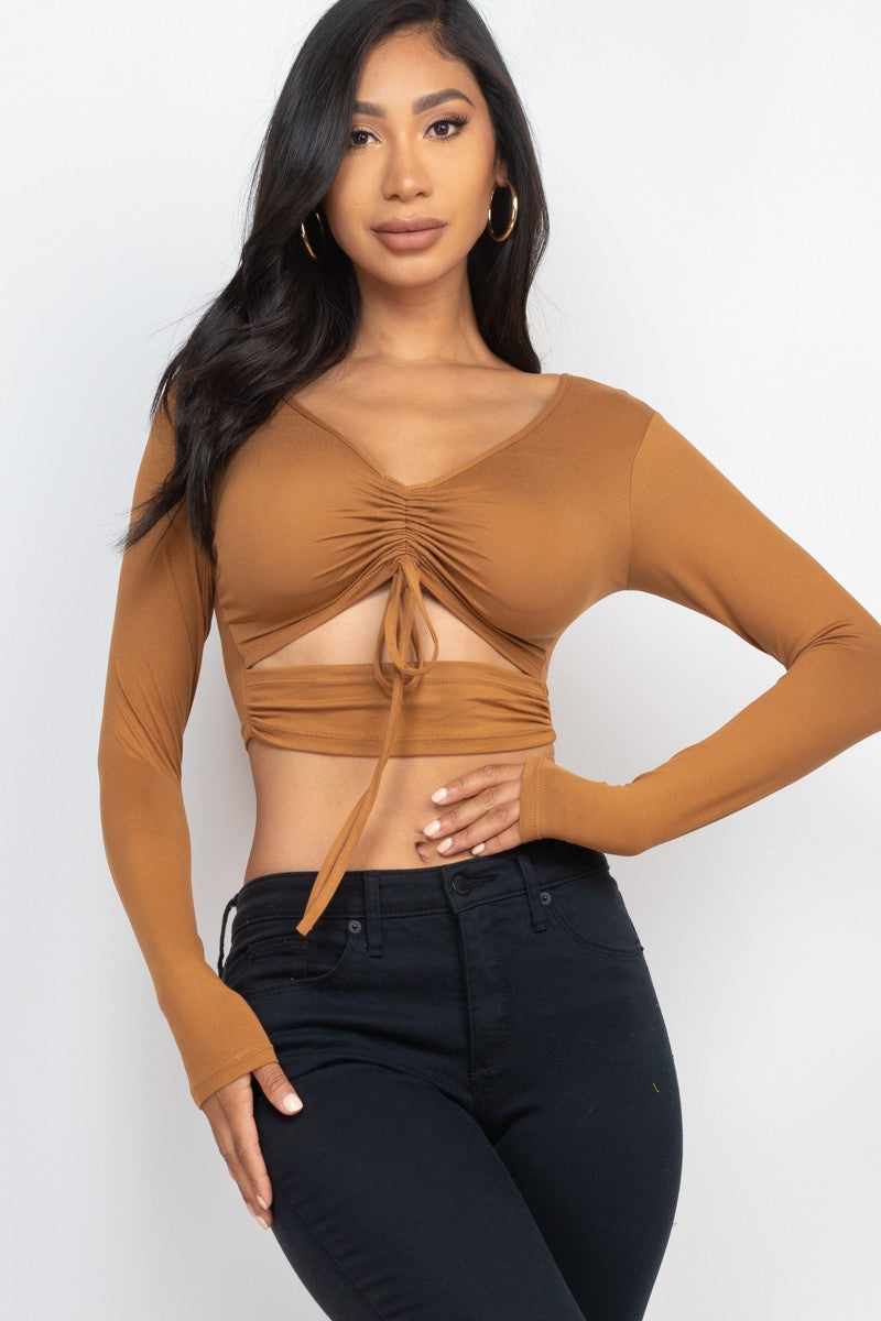 Women's Drawstring Ruched Cutout Front Crop Top