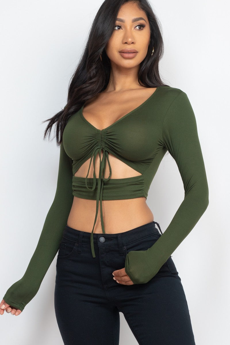 Women's Drawstring Ruched Cutout Front Crop Top