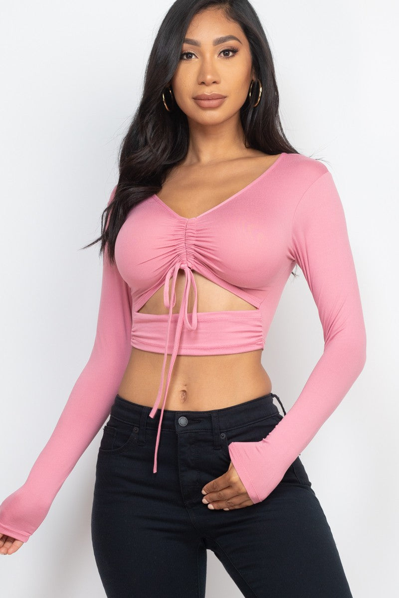 Women's Drawstring Ruched Cutout Front Crop Top