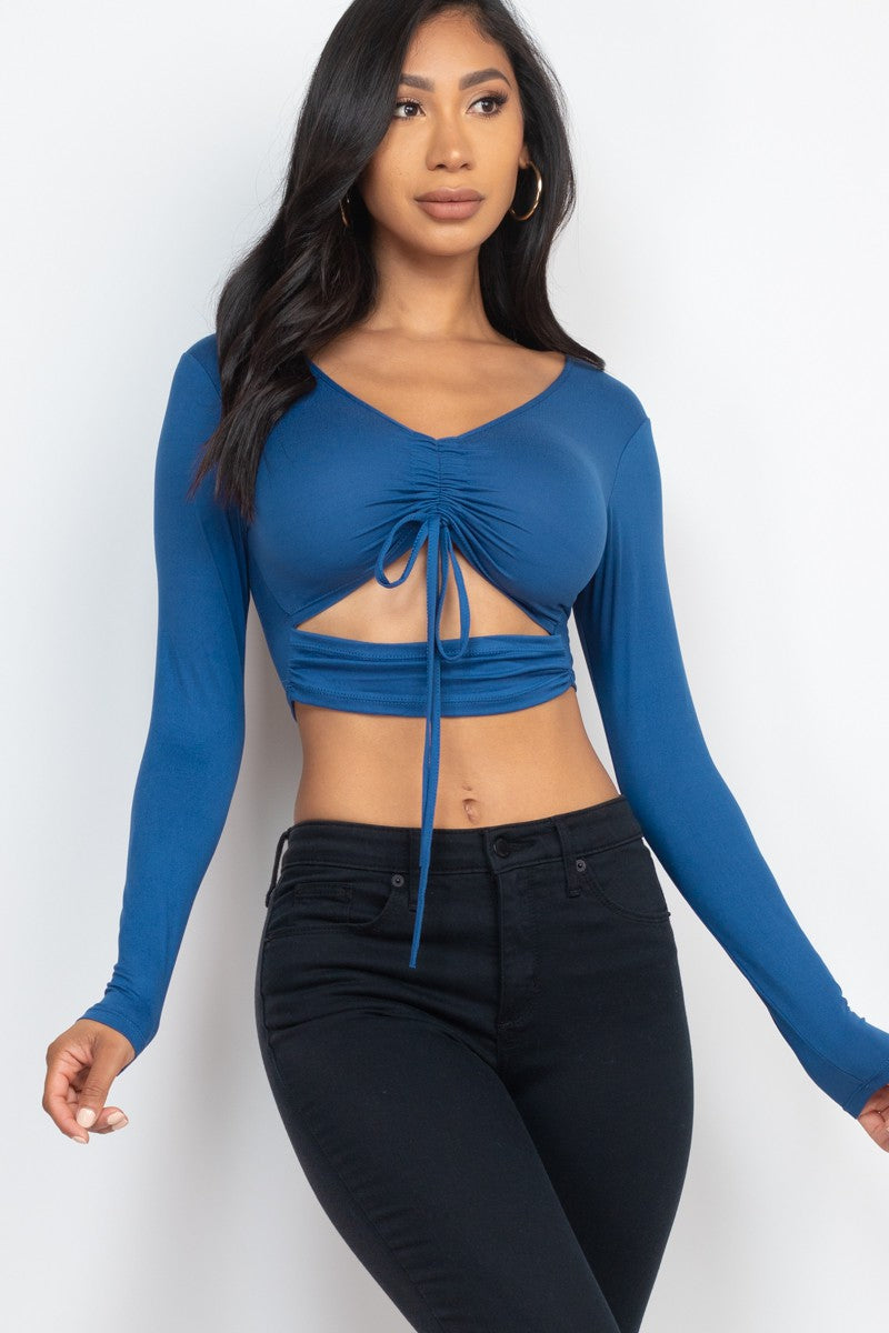 Women's Drawstring Ruched Cutout Front Crop Top