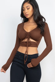 Women's Drawstring Ruched Cutout Front Crop Top