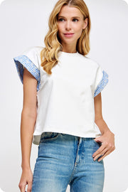 Contrast Rolled Up Cuff Knit Tee Top