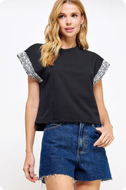 Contrast Rolled Up Cuff Knit Tee Top