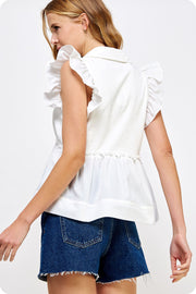 V-Neck Ruffled Knit Contrast Poplin Babydoll Top