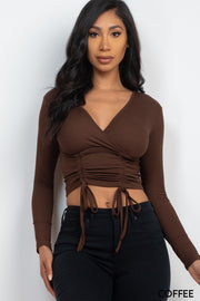 Solid Ribbed Drawstring Long Sleeve Crop Top