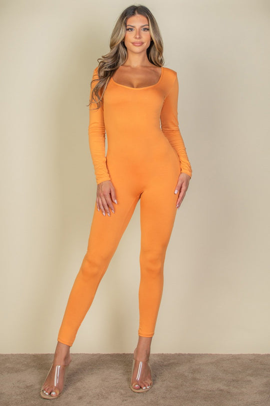 Scoop Neck Long Sleeve Bodycon Yoga Jumpsuit