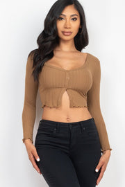 Ribbed Button Front Split Long Sleeve Top