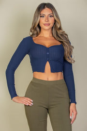 Ribbed Button Front Split Long Sleeve Top