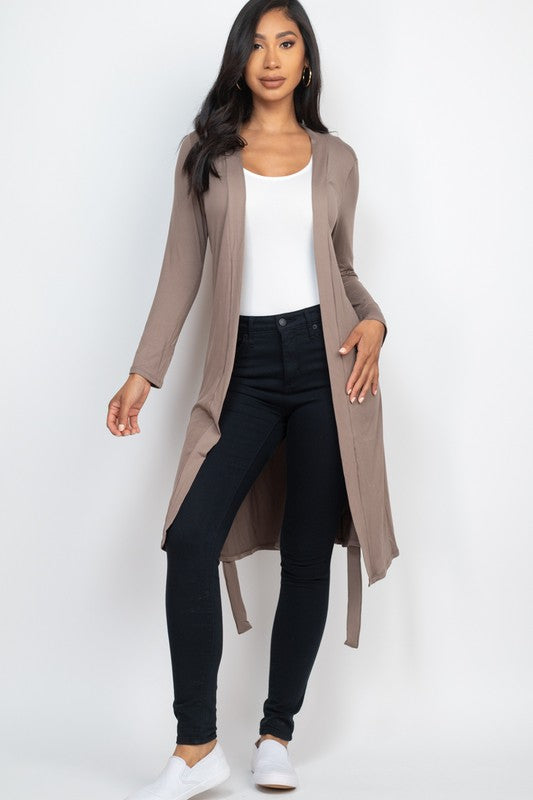 Basic Long-Sleeve Long Belted Cardigan