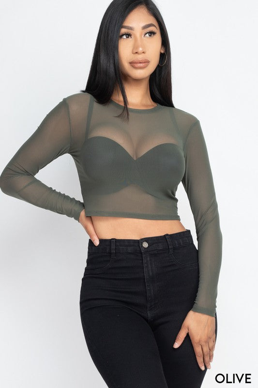 Solid Mesh shirt Sheer Blouse Crop Top