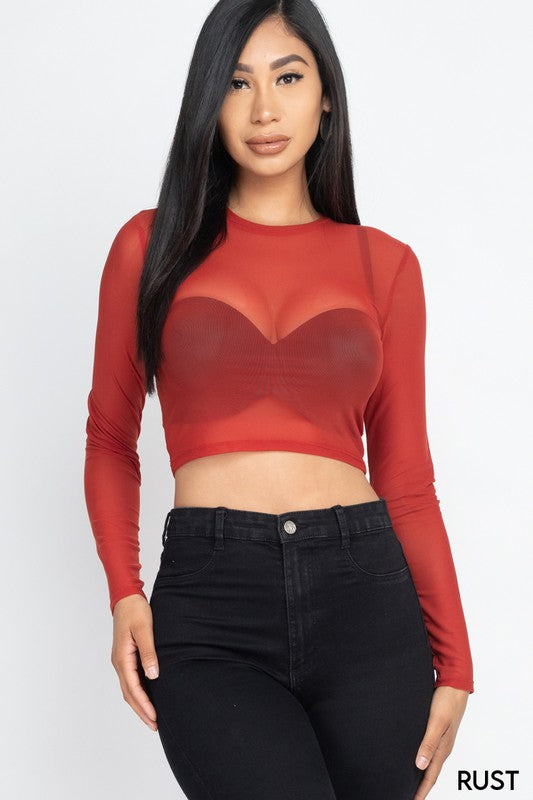 Solid Mesh shirt Sheer Blouse Crop Top