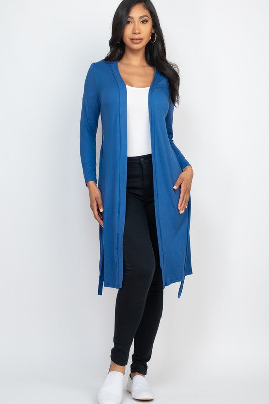 Basic Long-Sleeve Long Belted Cardigan