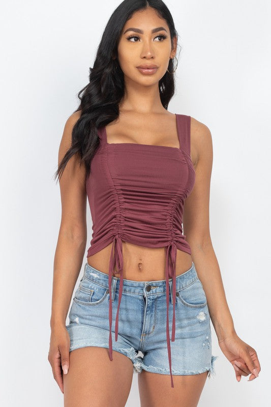 Front Ruched With String Square Neck Crop Top