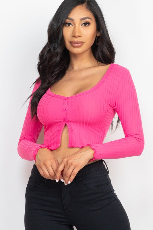 Ribbed Button Front Split Long Sleeve Top