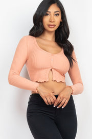 Ribbed Button Front Split Long Sleeve Top