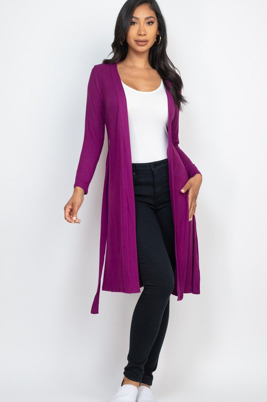 Basic Long-Sleeve Long Belted Cardigan