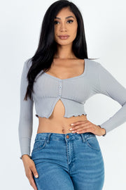 Ribbed Button Front Split Long Sleeve Top