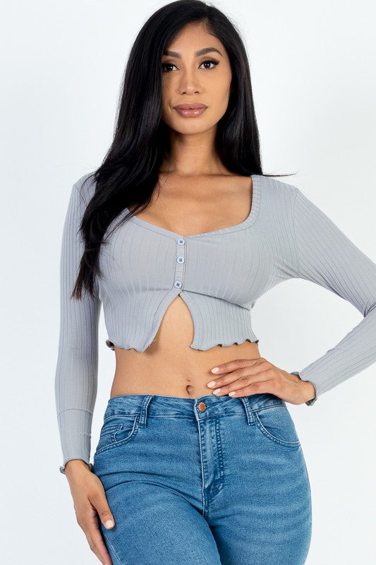 Ribbed Button Front Split Long Sleeve Top