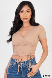 Ribbed Ruched Drawstring Surplice Top