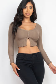 Ribbed Button Front Split Long Sleeve Top