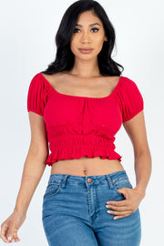 Casual Ruched Puff Sleeve Ribbed Knit Solid Top