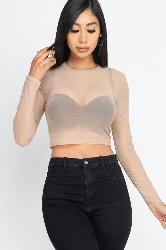 Solid Mesh shirt Sheer Blouse Crop Top