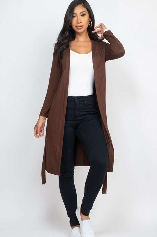 Basic Long-Sleeve Long Belted Cardigan