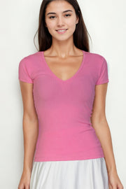 Women's Ribbed V-Neck Short Sleeve Top