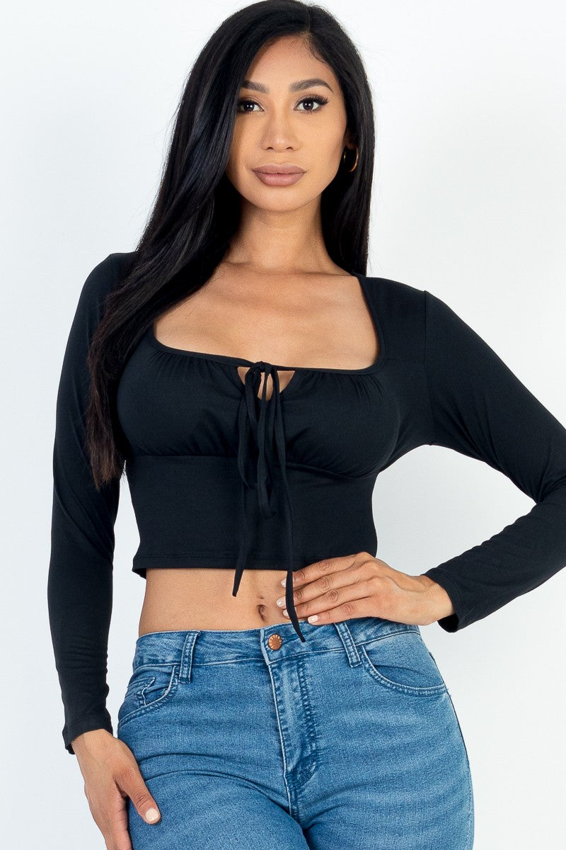 Tie Front Solid Bustier Long Sleeve Top