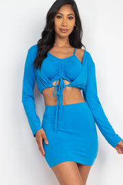 Ruched Cami Top & Mini Skirt Set with Cardigan