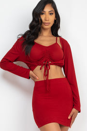 Ruched Cami Top & Mini Skirt Set with Cardigan