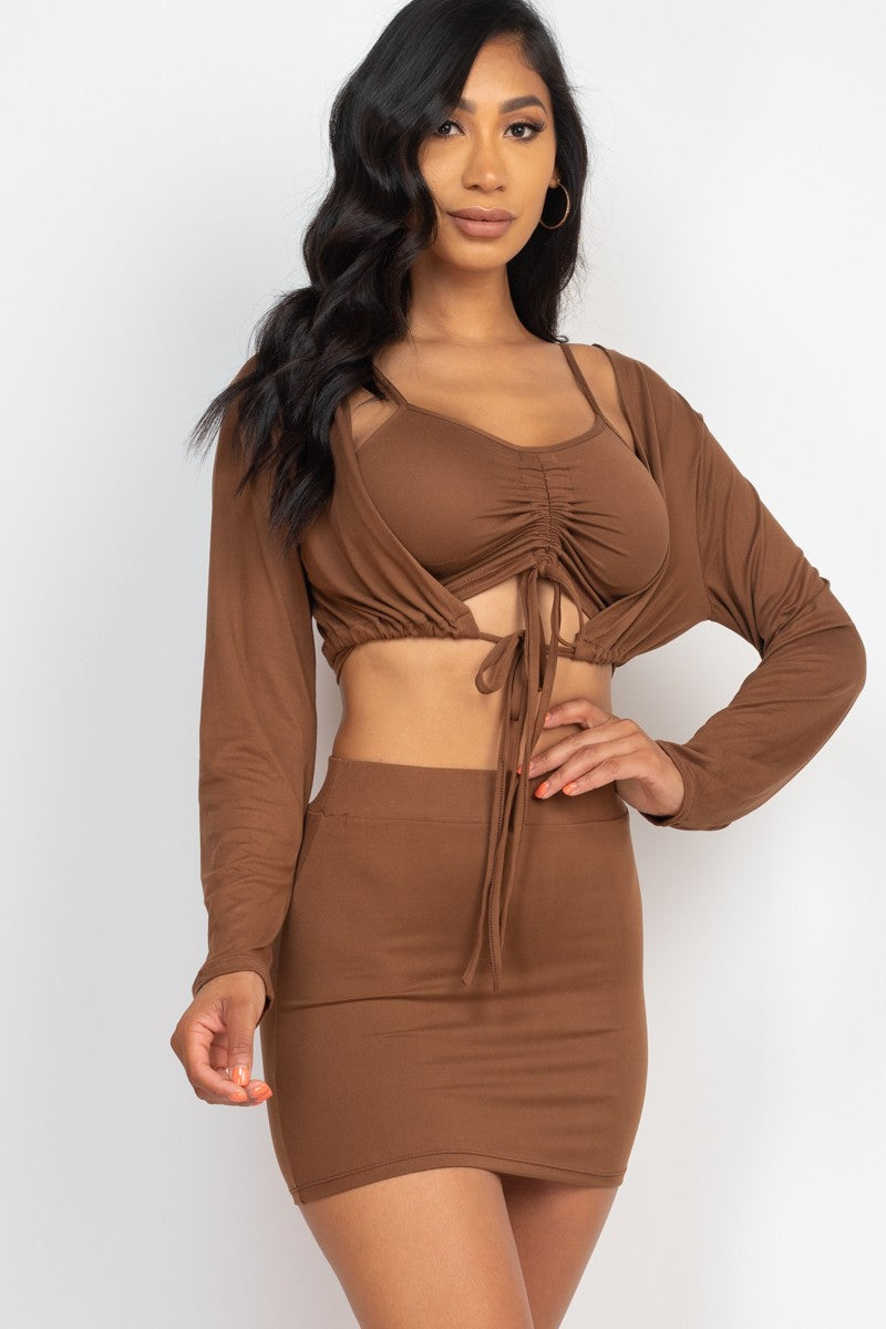 Ruched Cami Top & Mini Skirt Set with Cardigan