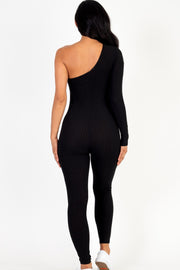 Ribbed Long Sleeve One Shoulder Jumpsuit