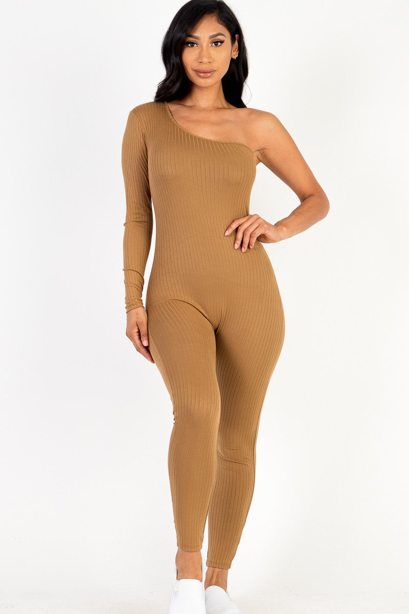 Ribbed Long Sleeve One Shoulder Jumpsuit