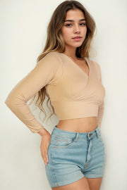 Solid Ribbed Wrap Front Long Sleeve Top For Women